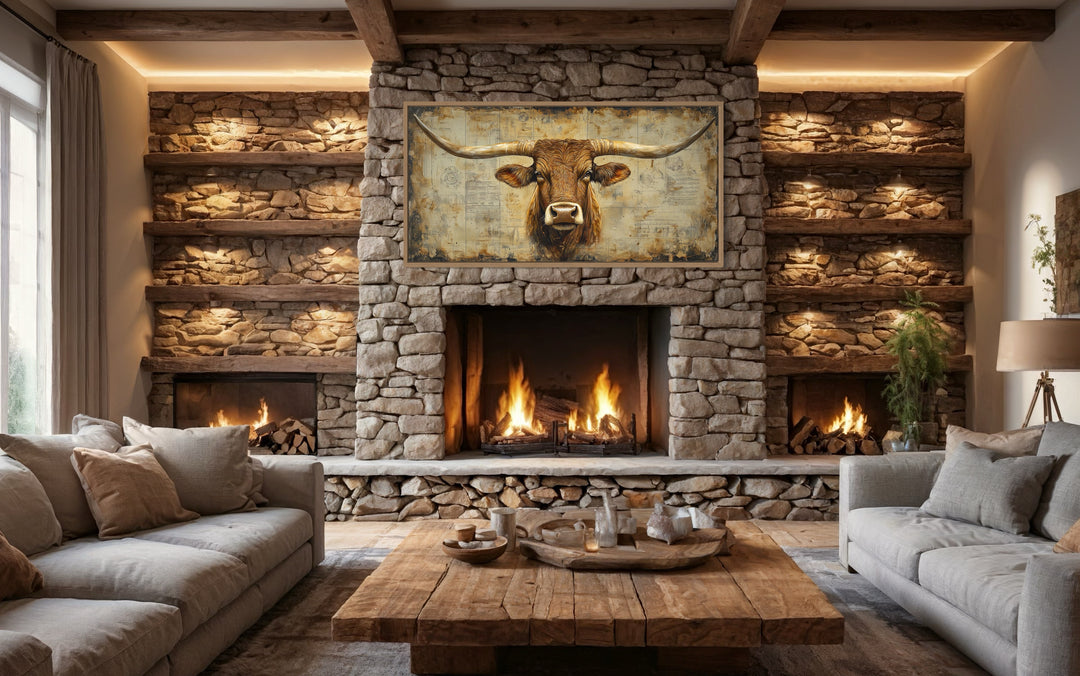 Brown Texas Longhorn Cow Head With Huge Horns On Beige Background Framed Canvas Wall Art above fireplace