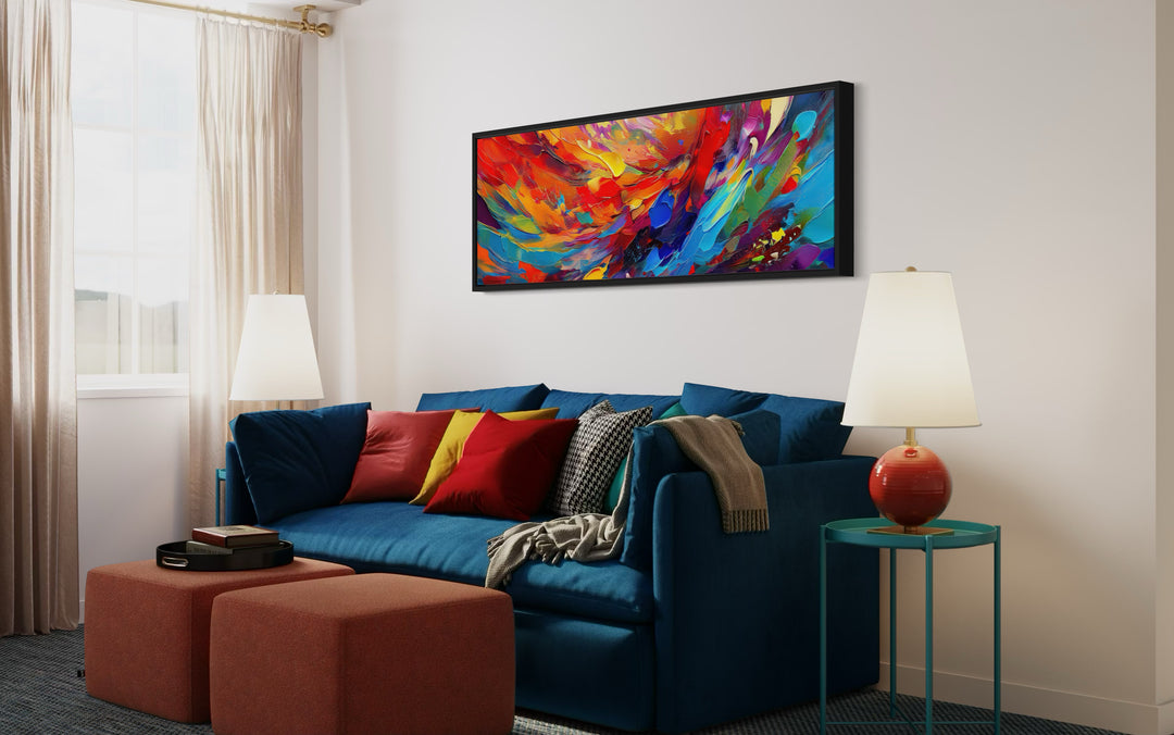 Colorful Red Blue Abstract Painting Long Narrow Framed Canvas Wall Art in living room