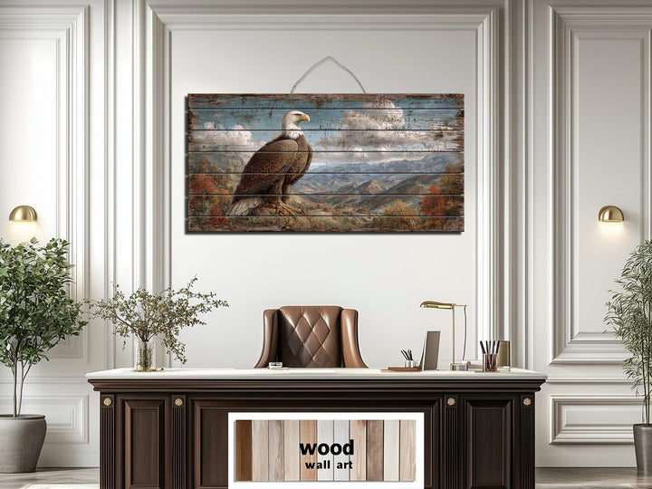Rustic Bald Eagle Mountain Landscape Distressed Wood Wall Art