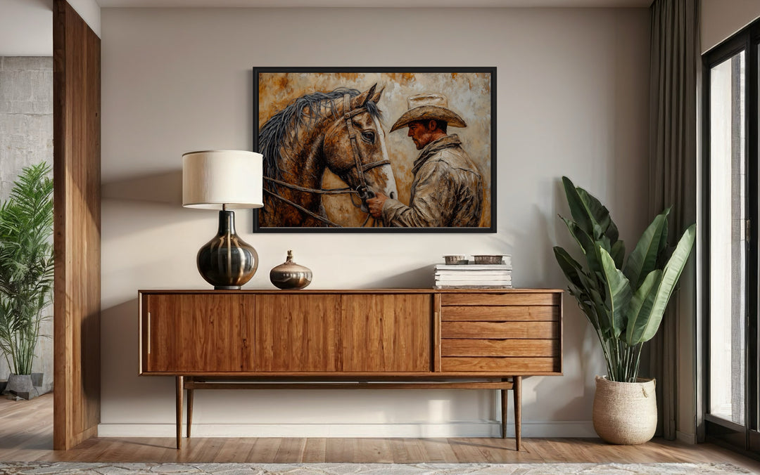 Portrait Of A Cowboy And His Horse Western Framed Canvas Wall Art in western room