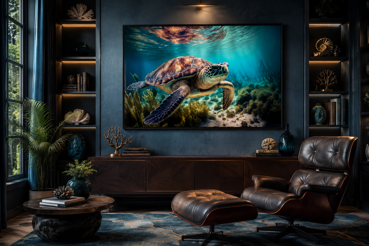 Sea turtle swimming over a coral reef canvas wall art displayed in a dark blue living room.