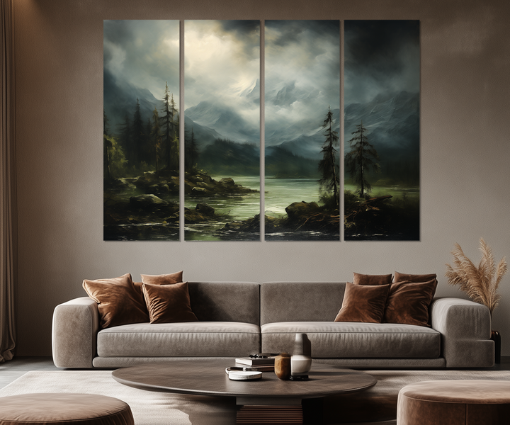 4 Piece Moody Antique Mountain River Emerald Green Landscape Multi-Panel Wall Art in a living room with a couch