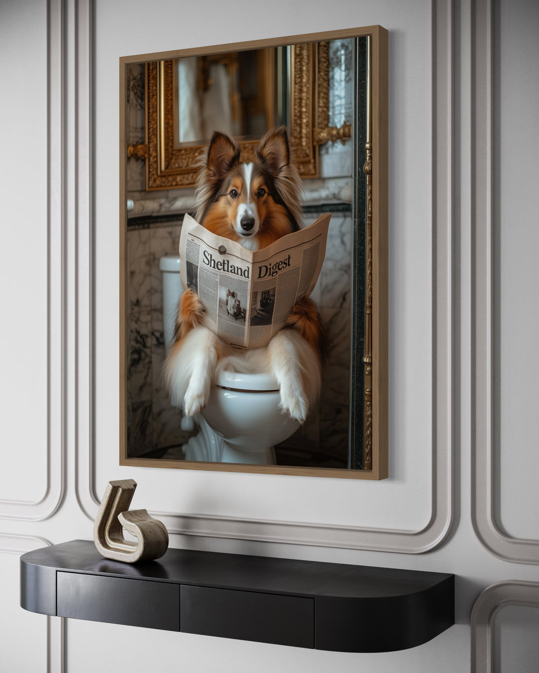 Shetland Sheepdog On The Toilet Reading Newspaper Picture side view