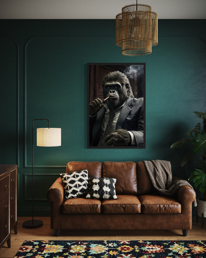 Gangster Gorilla Smoking Cigar Framed Canvas Wall Art For Men in man cave