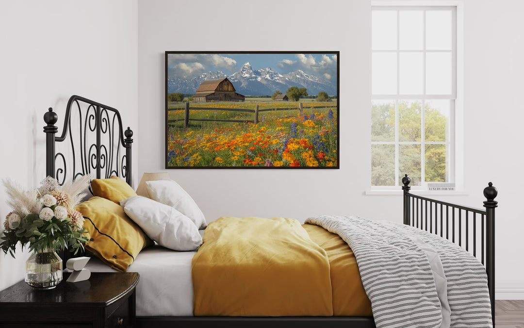 Pretty Old Barn In Spring's Floral Landscape Framed Canvas Wall Decor in yellow bedroom