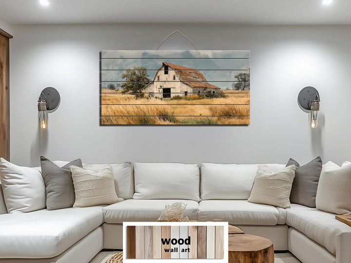 Rustic Old Barn in Wheat Field Distressed Wood Wall Art
