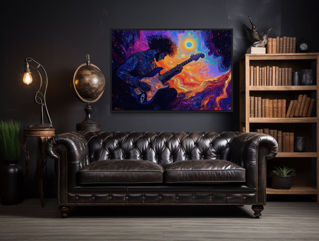 Man Playing Guitar Psychedelic Music Framed Canvas Wall Art in man cave