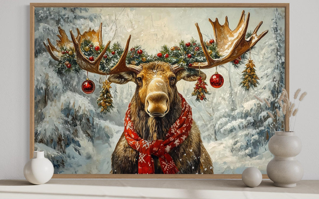 Christmas Moose With Red Scarf And Ornaments Canvas Wall Art