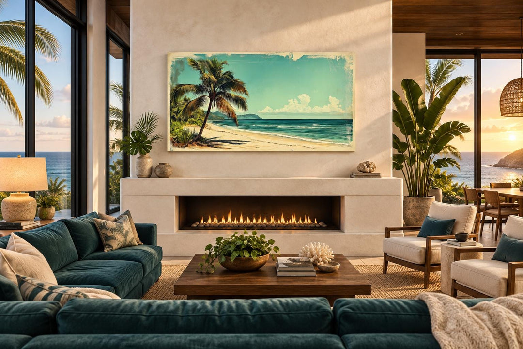 Vintage Style  Tropical Beach With Palm Tree Canvas Wall Art