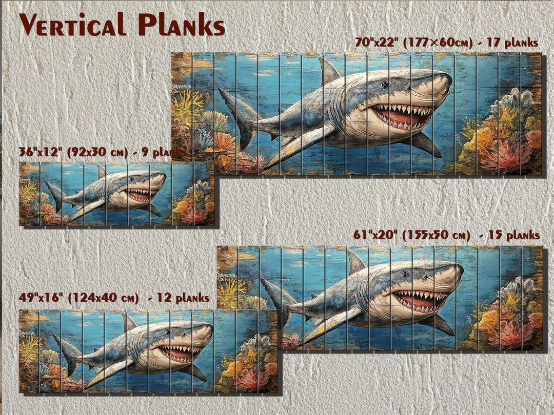 Great white shark wall art on vertical wood planks, available in four sizes with a distressed finish.