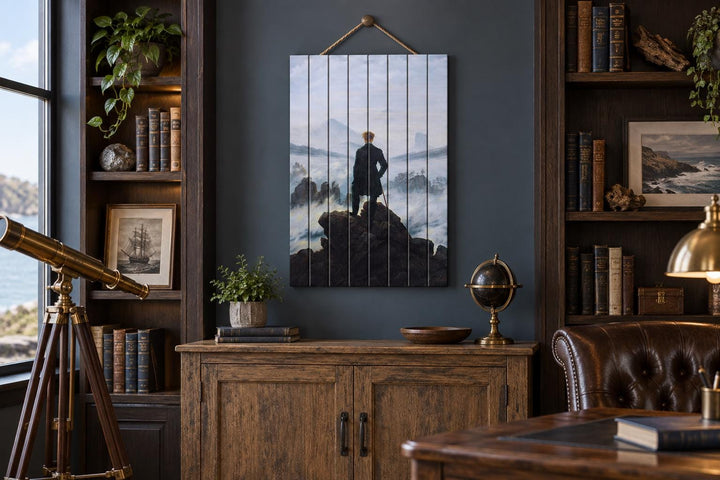 Wanderer Above the Sea of Fog printed on vertical distressed wood planks in a dark wood library.