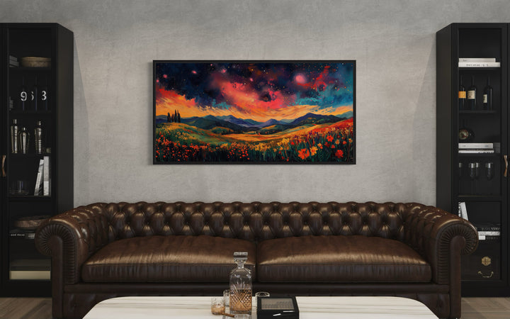 Starry Night Sky Over Wildflower Fields and Mountains Framed Canvas Wall Art