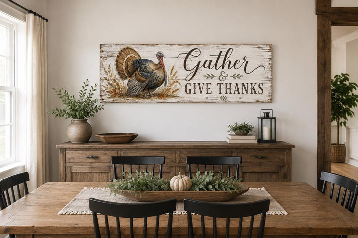 Rustic turkey wall art with 'Gather & Give Thanks' text above a farmhouse dining room sideboard.