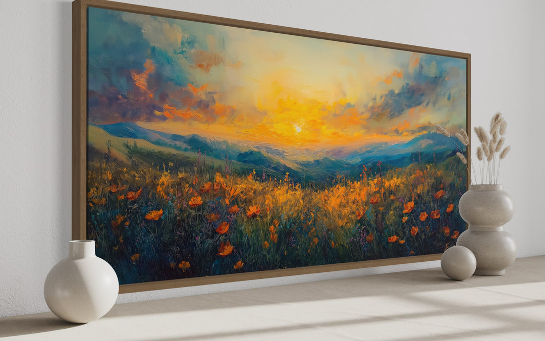 Beautiful Wildflower Field At Sunset Painting Framed Canvas Wall Art