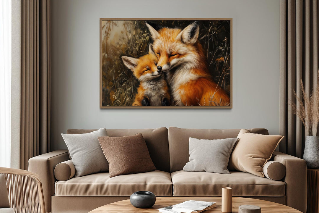 Fox Mama And Baby Hugging Framed Canvas Wall Art