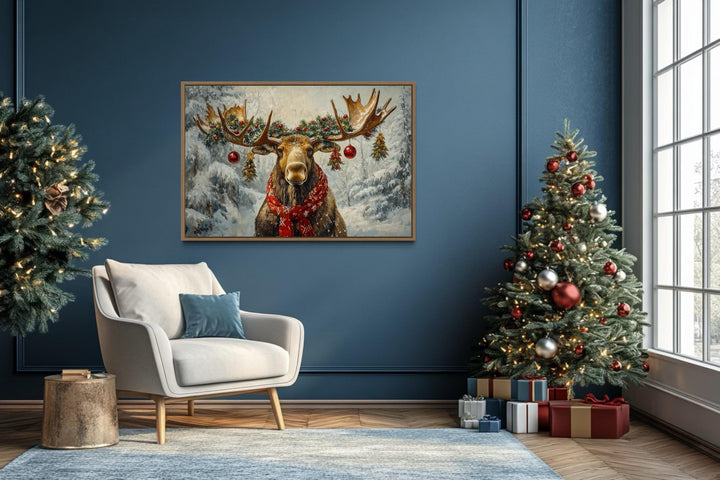 Christmas Moose With Red Scarf And Ornaments Canvas Wall Art
