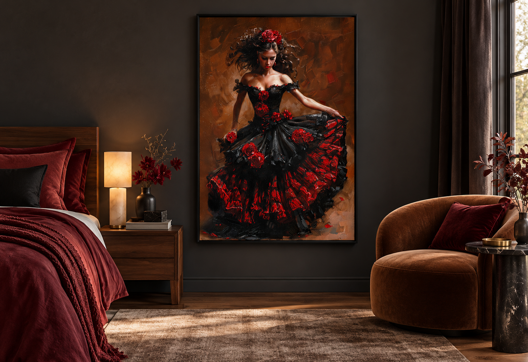 Flamenco dancer in a red and black dress, framed canvas wall art in a dark, moody bedroom.
