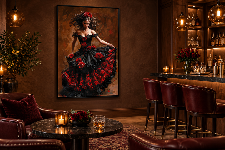 Framed canvas wall art of a flamenco dancer in a red and black dress in a moody home bar setting.