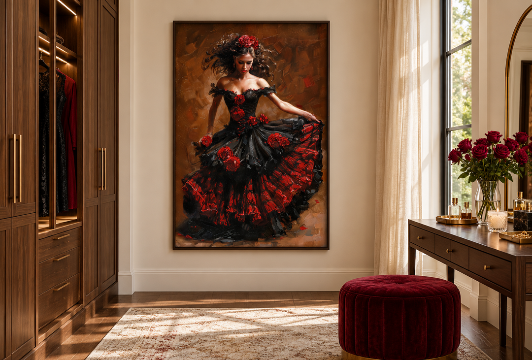 Framed canvas art of a flamenco dancer in a red and black dress, hanging in a dressing room.