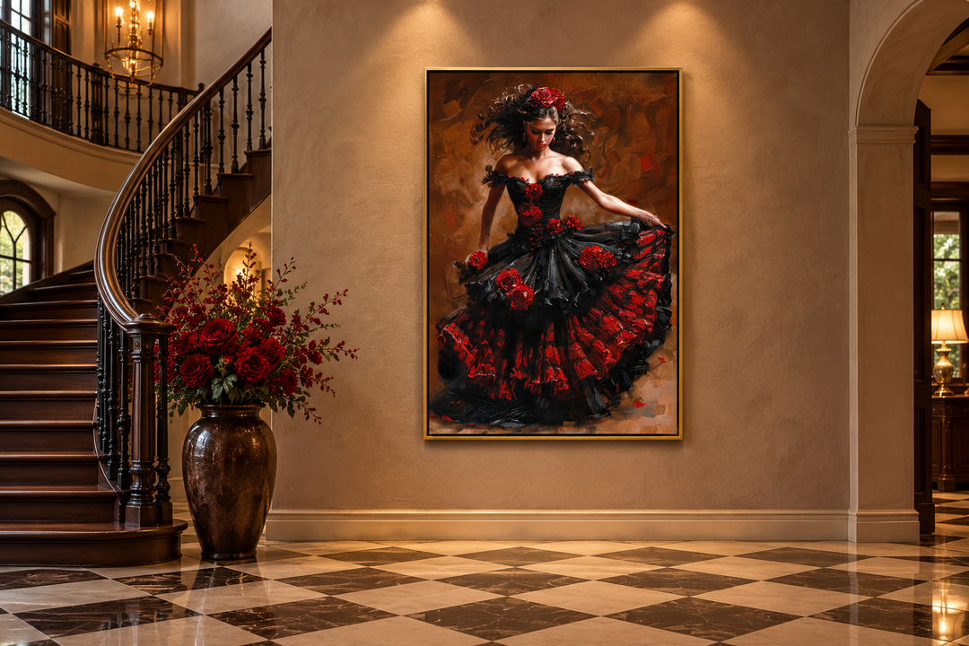 Flamenco dancer in a red and black dress, framed canvas wall art in a grand foyer.
