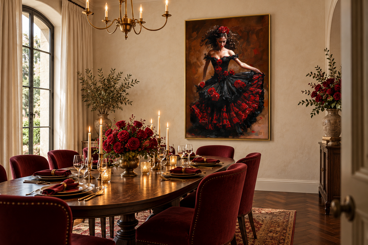 Flamenco dancer in a red and black dress framed canvas wall art hanging in a formal dining room.