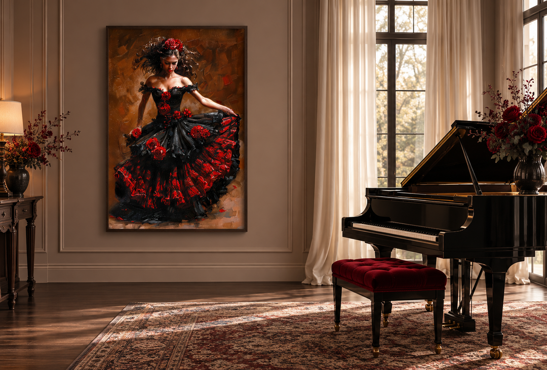 Flamenco dancer in a red and black dress framed canvas wall art in a music room with a grand piano.