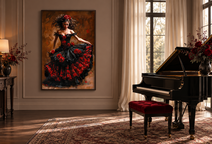 Flamenco dancer in a red and black dress framed canvas wall art in a music room with a grand piano.