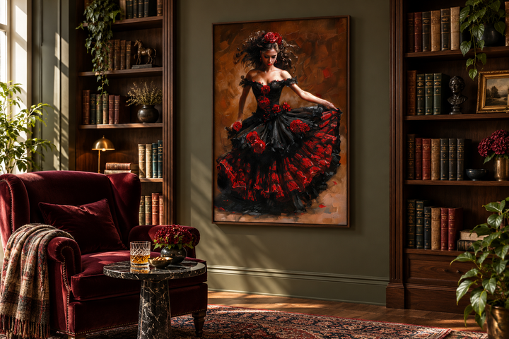 Flamenco dancer in a red and black dress framed canvas wall art in a dark green library setting.