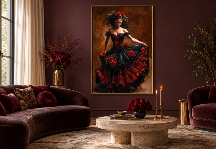 Flamenco Dancer In Red Black Dress Framed Canvas Wall Art in a dark plum living room.