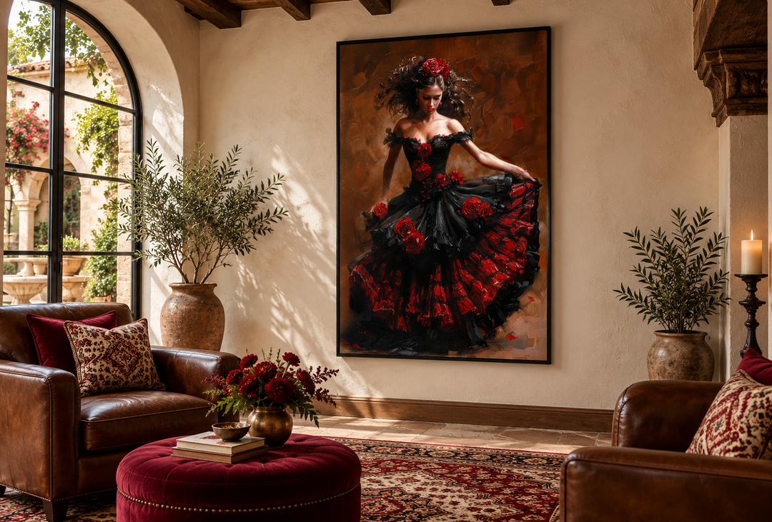 Flamenco dancer in a red and black dress, framed canvas wall art in a Spanish-style living room.