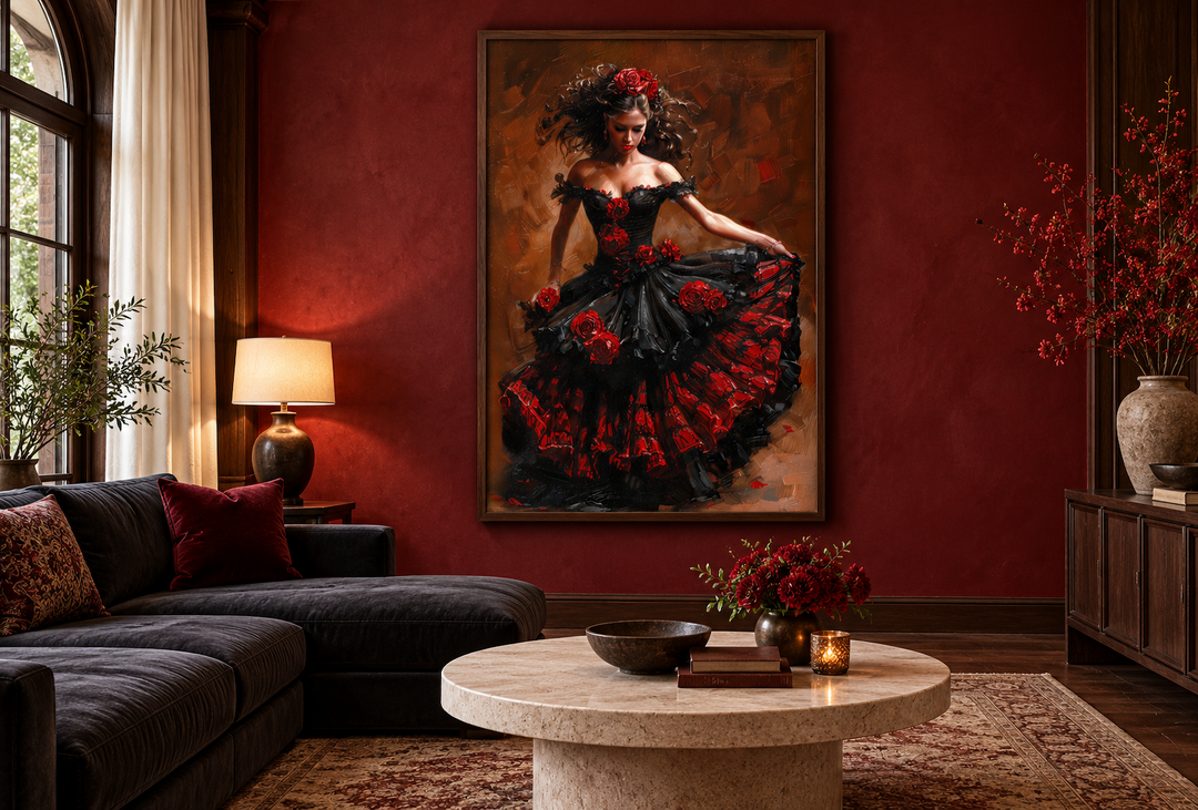 Flamenco dancer in a red and black dress framed canvas wall art in a red-walled living room.