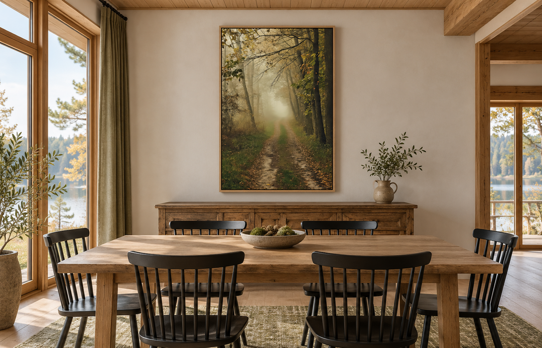 Moody foggy autumn forest framed canvas wall art hanging in a rustic dining room.