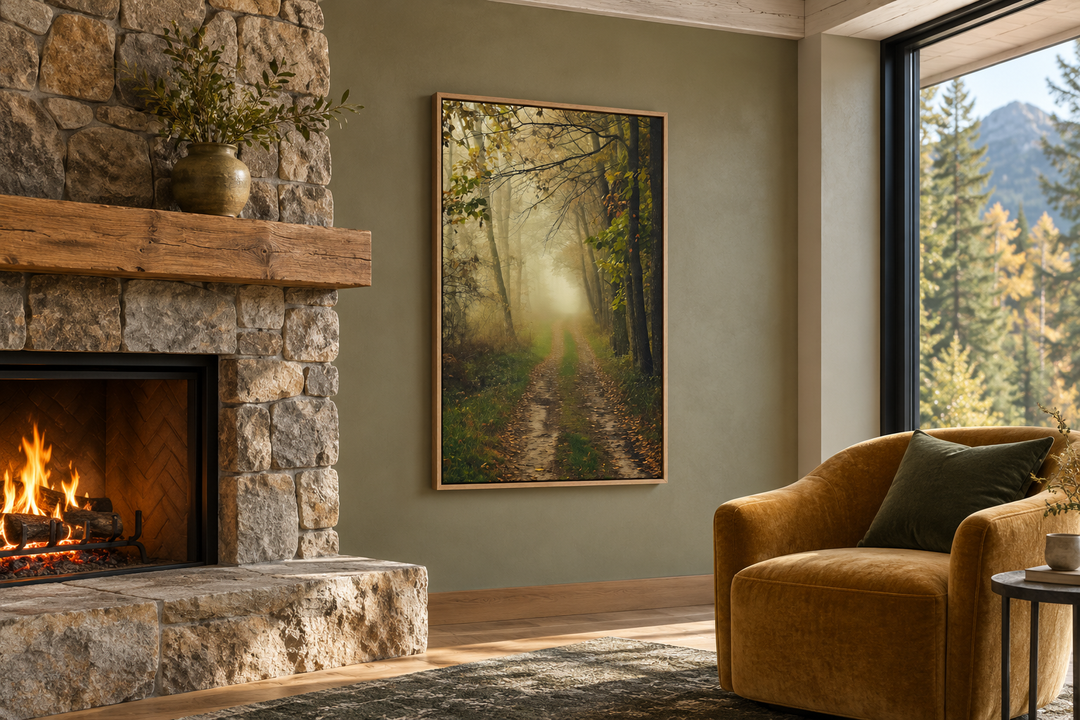 Moody foggy autumn forest framed canvas wall art hanging in a cozy living room with a fireplace.