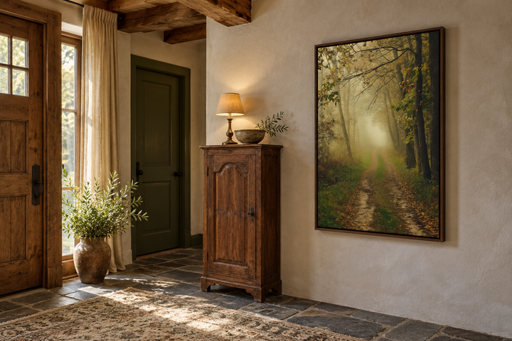 Moody foggy autumn forest framed canvas wall art hanging in a rustic entryway.