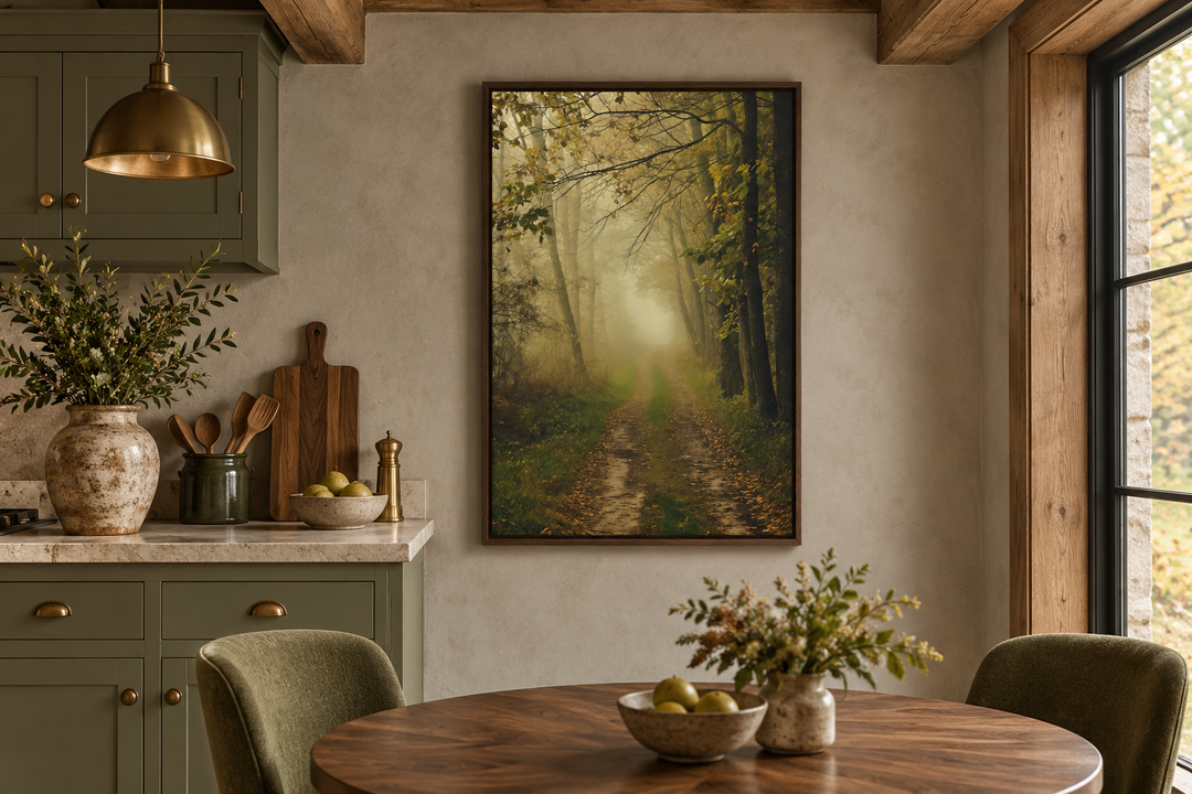 Moody foggy autumn forest framed canvas wall art hanging in a rustic kitchen above a dining table.