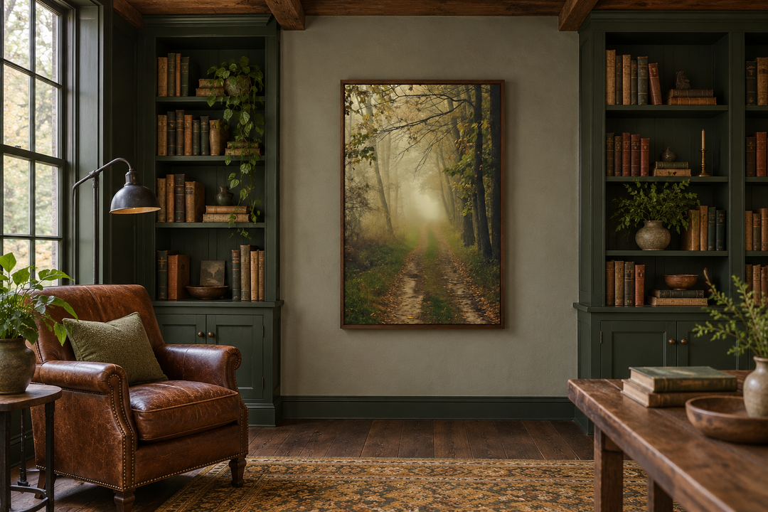 Moody foggy autumn forest framed canvas wall art hanging in a dark green library with leather chair.
