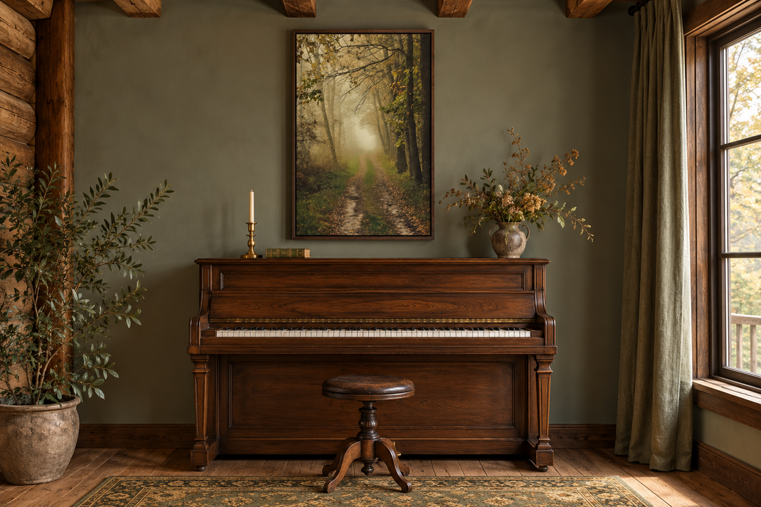 Moody Foggy Autumn Forest Framed Canvas Wall Art hanging above a vintage piano in a rustic room.