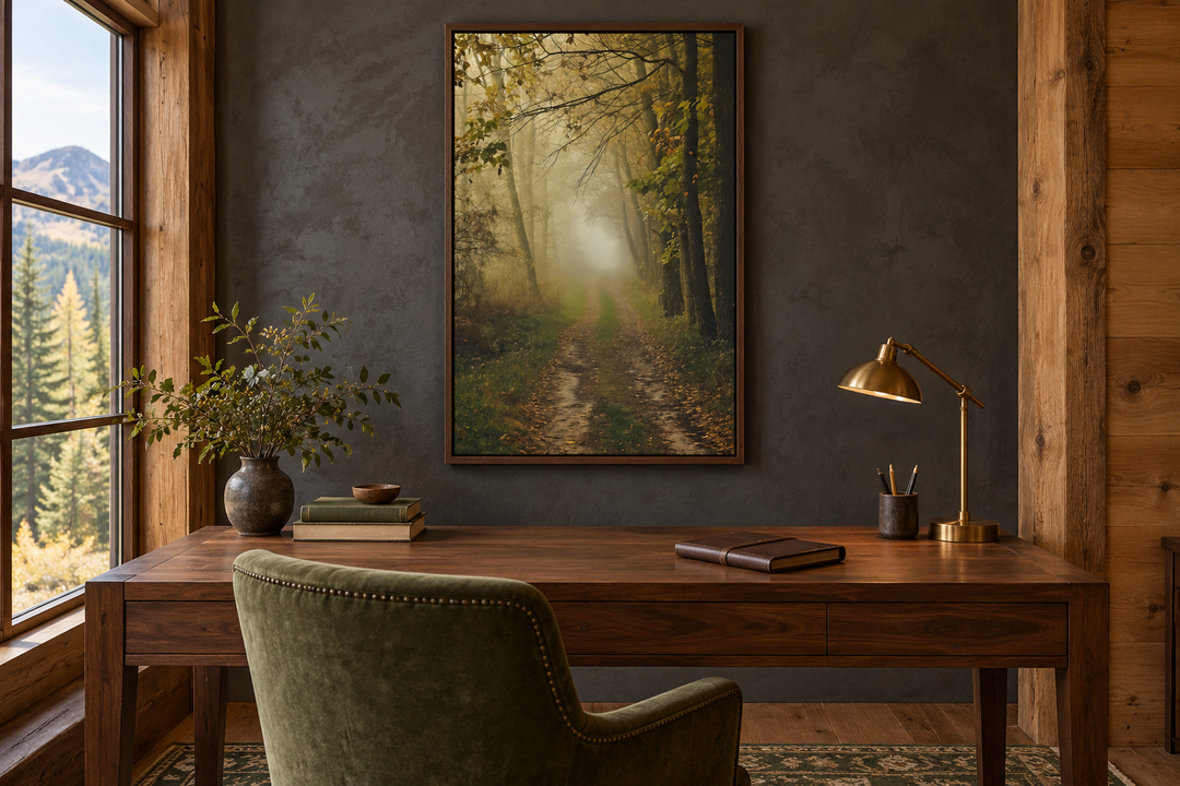 Moody foggy autumn forest framed canvas wall art hanging above a wooden desk in a rustic office.