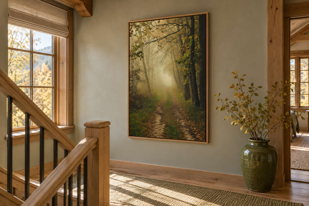 Moody foggy autumn forest framed canvas wall art on a neutral wall in a rustic home interior.