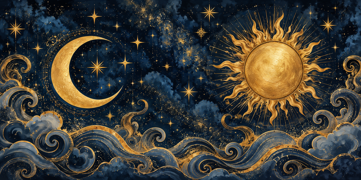 Celestial art with a golden sun, crescent moon, and stars over swirling blue and gold clouds.
