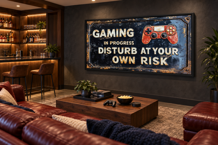 Gaming In Progress Disturb At Your Own Risk vintage-style canvas print in a modern lounge setting.