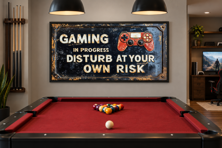 Gaming wall art canvas print with a distressed warning sign above a pool table in a game room.