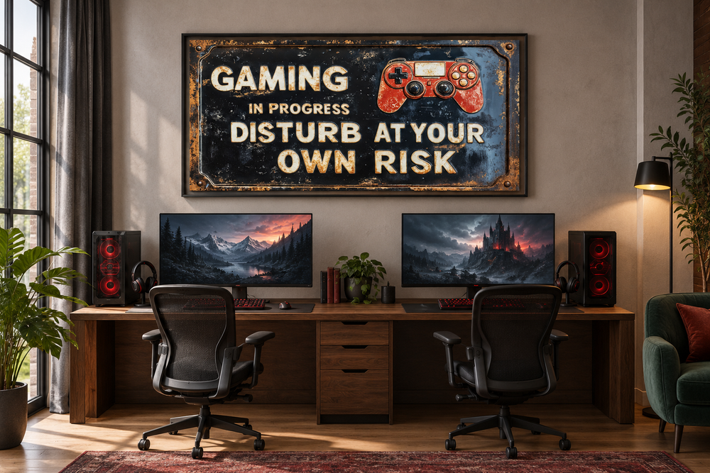 Distressed metal-style gaming warning sign canvas print above a dual monitor wooden desk setup.