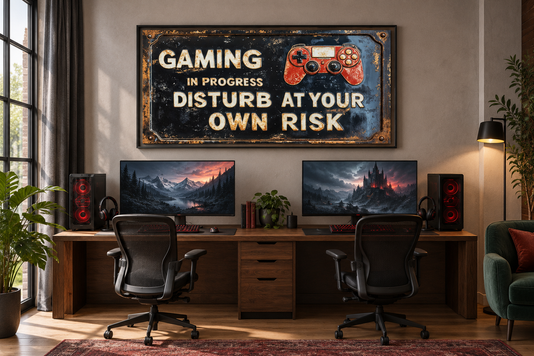 Distressed metal-style gaming warning sign canvas print above a dual monitor wooden desk setup.