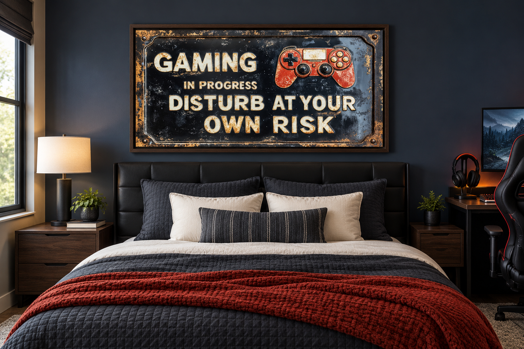 Distressed metal-style canvas print with 'Gaming In Progress' warning sign above a modern bed.