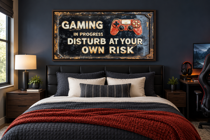 Distressed metal-style canvas print with 'Gaming In Progress' warning sign above a modern bed.