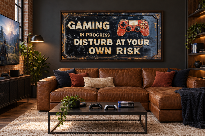 Distressed metal-style gaming wall art sign above a brown leather sofa in a modern lounge.