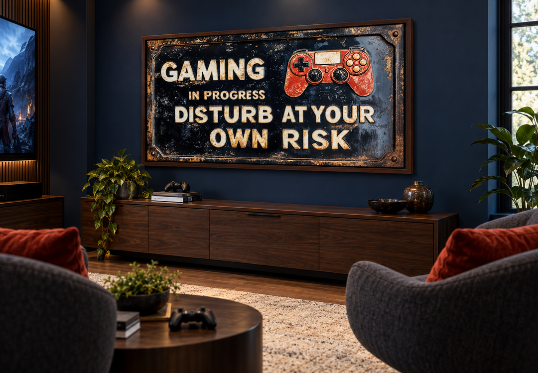 Distressed gaming wall art sign with a red controller icon on a navy blue wall in a modern room.