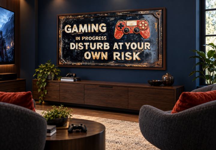Distressed gaming wall art sign with a red controller icon on a navy blue wall in a modern room.