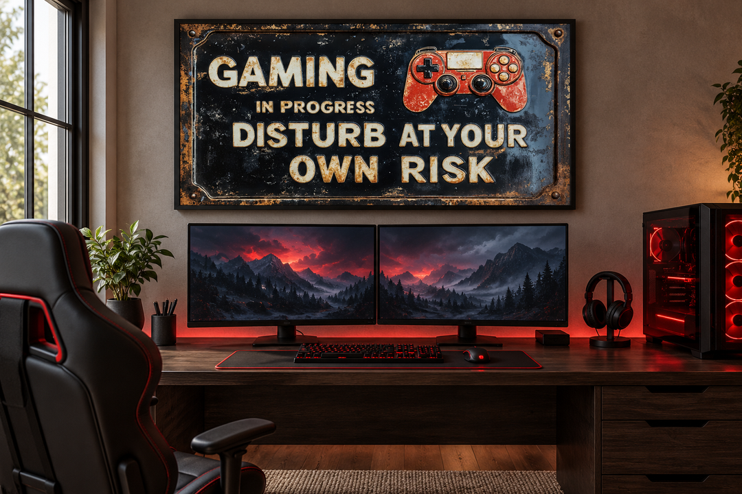 Distressed metal-style gaming wall art sign above a dual-monitor PC setup in a dark room.